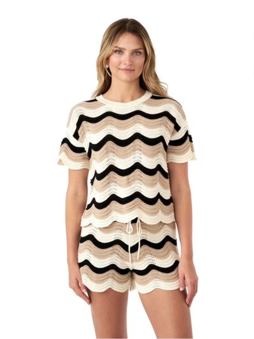 Crochet Wave Knit Top in Cream, Black & Tan
